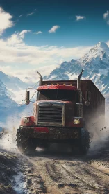 Red semi truck on muddy mountain road in winter landscape.