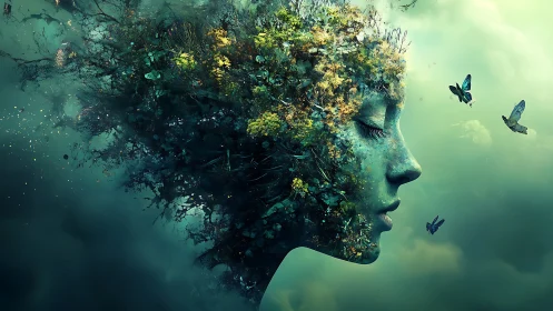 Forest spirit face dissolves into butterflies and green clouds