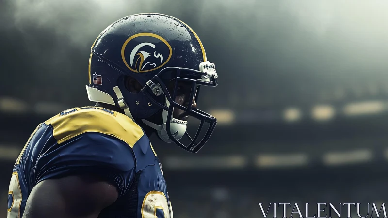 Gridiron lone wolf under stadium haze, ready to ignite kickoff.