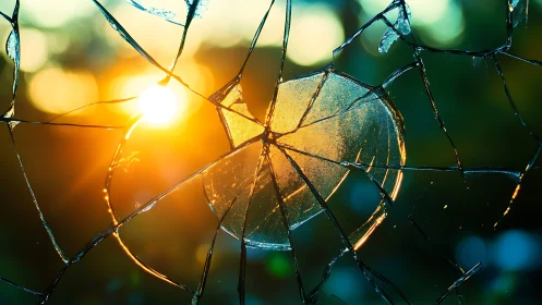 Sunset light shining through cracked broken glass pane.