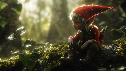 Curious forest elf rests on mossy log in golden light.