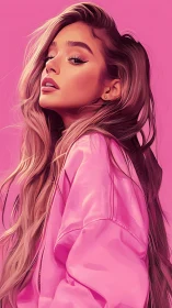 Digital portrait depicts woman in pink jacket on pink field