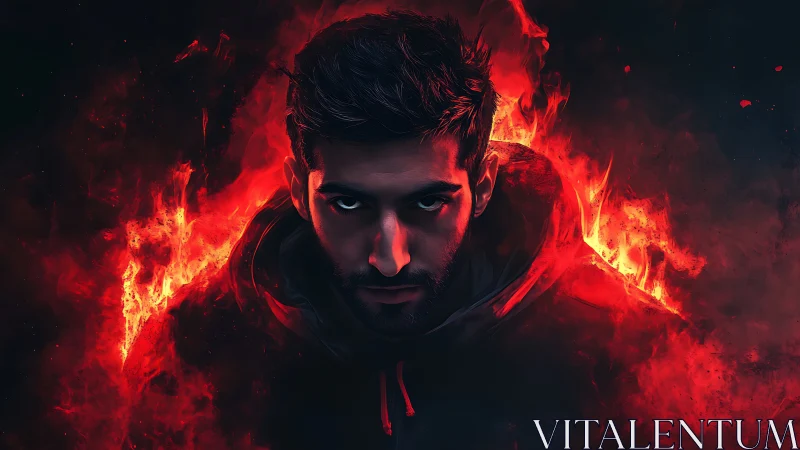 Brooding hooded man framed by infernal red flames.