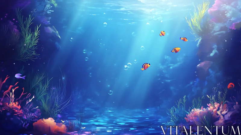 Digital underwater scene depicts coral reef, fish, and light rays