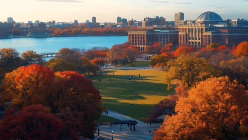 Autumn campus lawn glows beside a tranquil urban riverfront