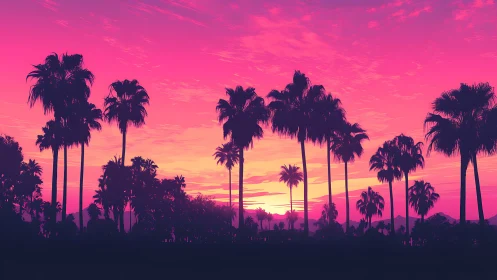 Neon gradient sunset silhouettes tall palm tree skyline composition