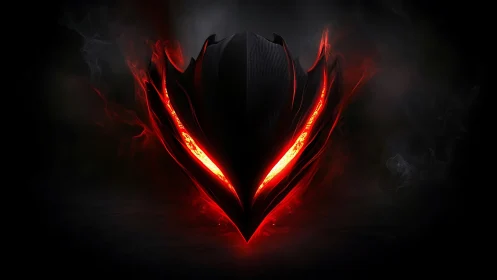 Fiery demonic mask emerges from darkness with burning glare