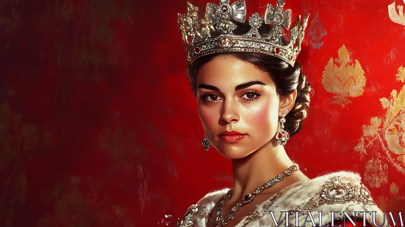 Regal young queen in jeweled crown against deep red backdrop