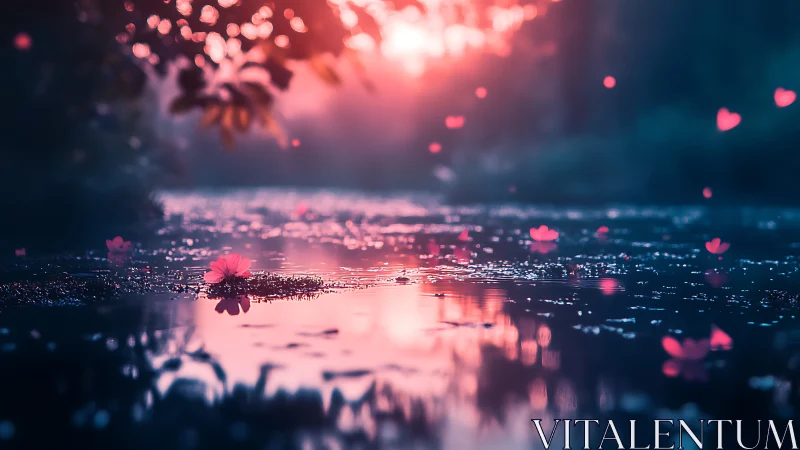 Pink petals drift across glowing sunset river surface.