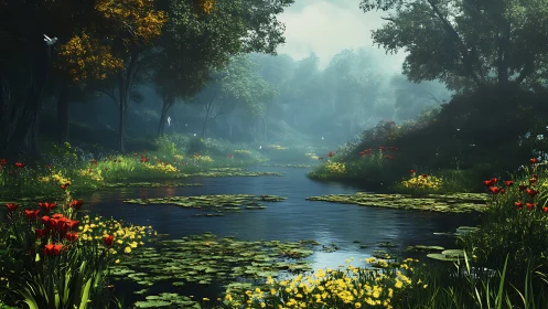 Enchanted forest river winds through lush flowers and light.