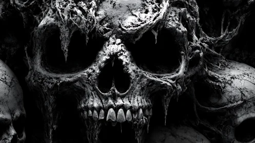 Central eroded skull structure is rendered in dense monochrome