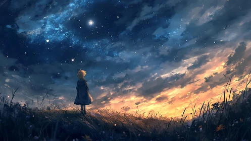 Lone child on twilight hill under vast starry sky.