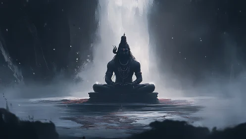 Meditating ascetic silhouettes against luminous waterfall mist