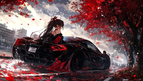 Crimson leaves swirling around black supercar and girl at dusk.