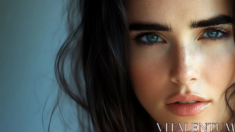 Close-up portrait shows blue-eyed woman with intense gaze