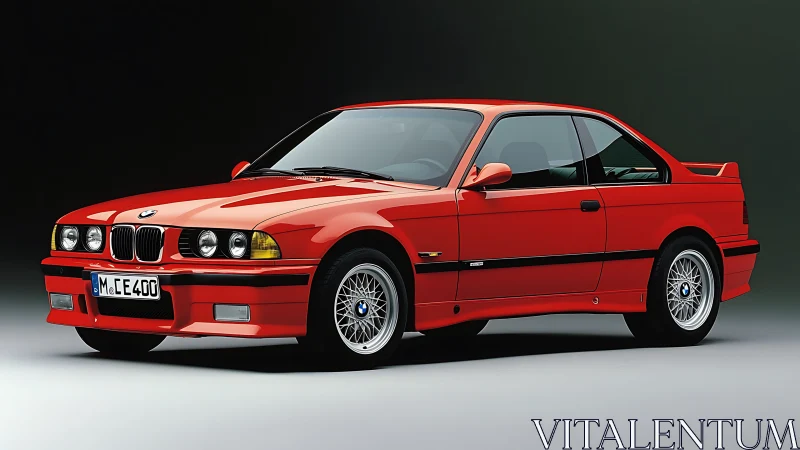 Red BMW E36 coupe studio shot with classic body styling.