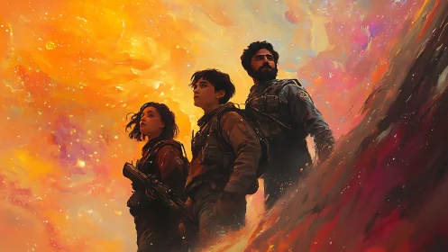 Stargazing heroes standing strong beneath a blazing sky.