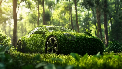 Moss-covered eco car rests in sunlit forest clearing