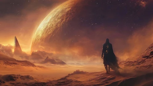 Desert wanderer gazes toward a glowing alien horizon