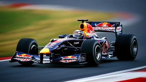 Red Bull rocket car storms a blurred racetrack horizon.