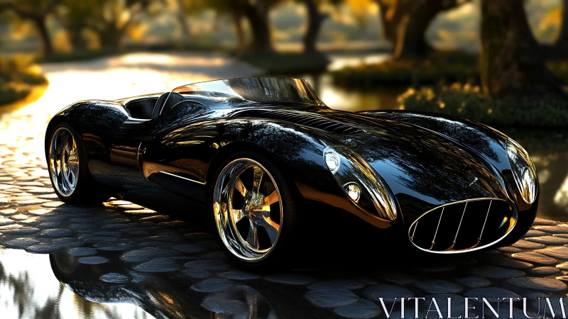 Midnight roadster gliding through golden garden light.