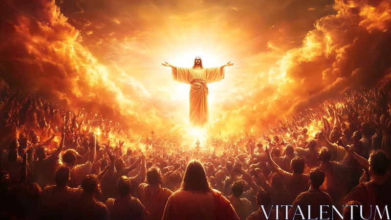 Radiant figure ascending above crowd in blazing sky.