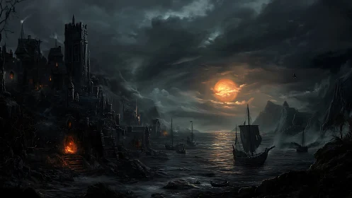 Stormlit medieval coast watches burning moon over dark sea
