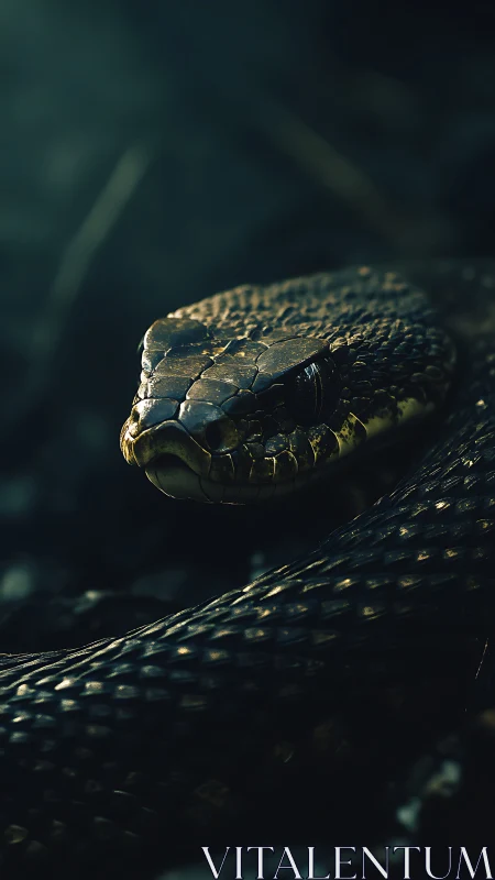 Coiled viper rests in shadowed undergrowth with glinting scales