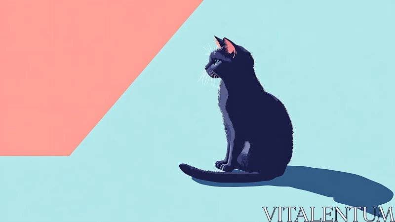 Black Cat Sitting on Blue Wing Against Geometric Background
