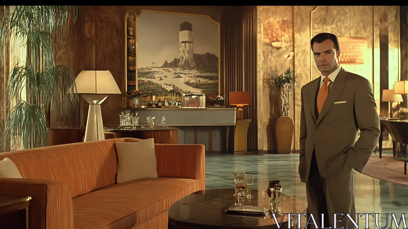 Elegant retro lounge captures poised man in tailored suit.