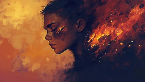 Solitary profile dissolves into cascading digital flames.