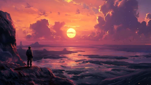 Lone traveler watching vivid sunset over alien coast.