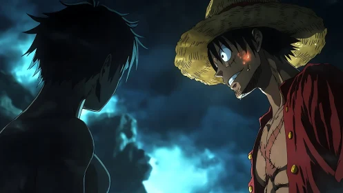 Stormlit rivals trade blazing glares beneath fractured clouds