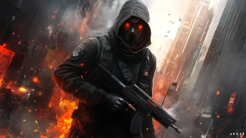 Hooded gunman stands in burning futuristic city street