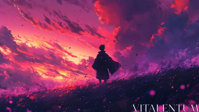 Solitary cloaked figure on windblown hillside at neon dusk sky