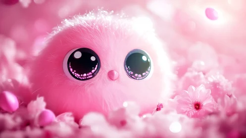 Pink spherical fluffy character amid soft floral elements.