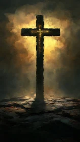Glowing stone cross rising from shadows in soft golden light.