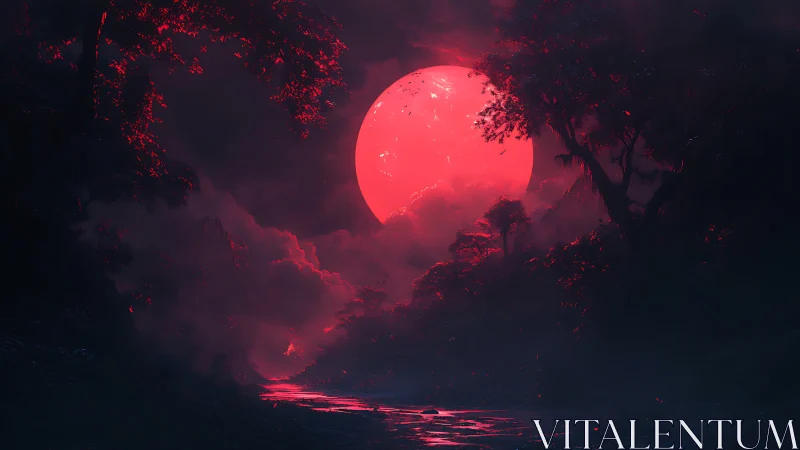 Red full moon illuminates dense forest and reflective river