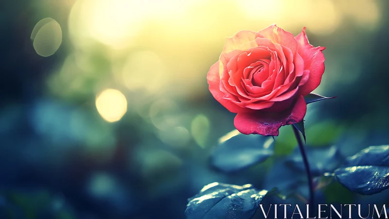 Crimson Rose Glowing Through Golden Hour Dream.
