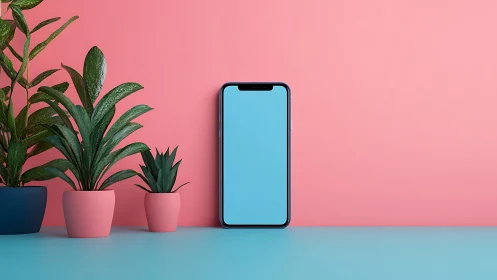 Smartphone Display Mockup with Botanical Arrangement in Geometric Color Field