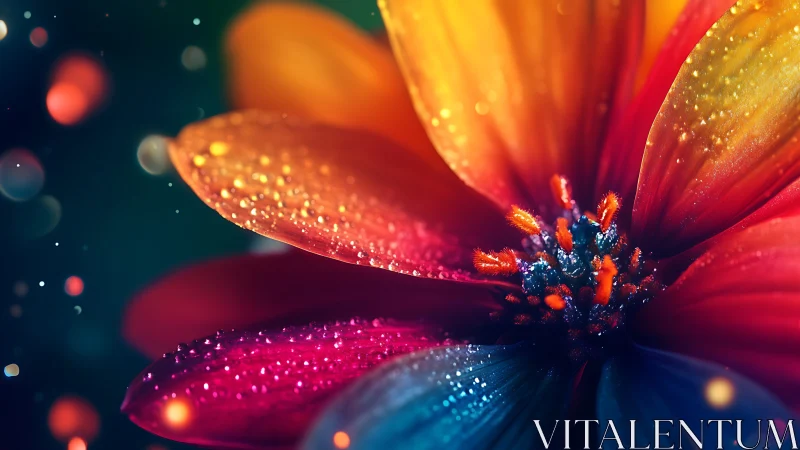 Vibrant Cosmos Flower with Dewdrops and Bokeh Lights