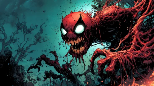 Grotesque red symbiote monster lunging in eerie forest