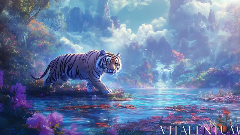Gentle tiger explores a glowing dreamlike riverside kingdom