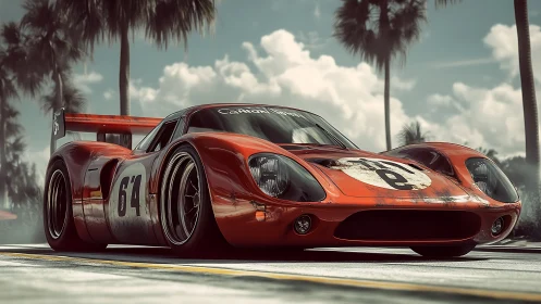 Low-angle render of vintage endurance race car with weathered livery