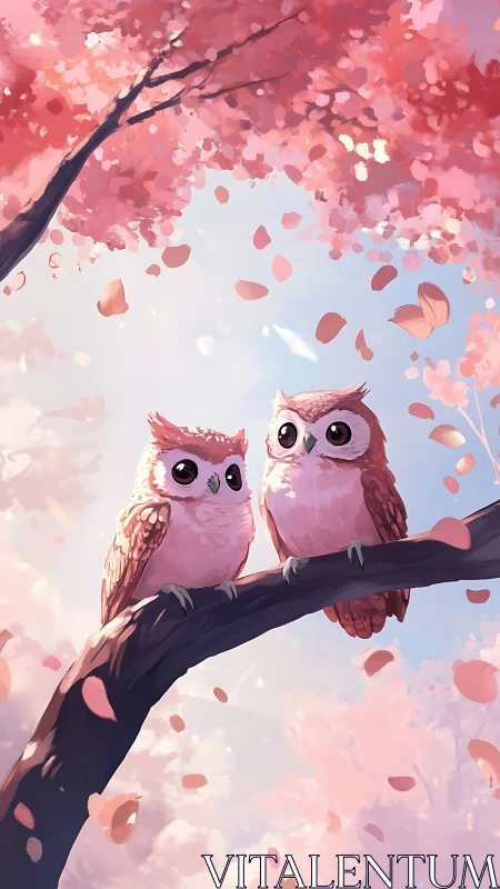 Pink owls on cherry blossom branch in soft spring light.