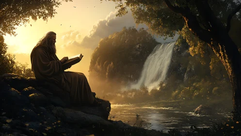 Riverbank sage reading by a golden waterfall hush.