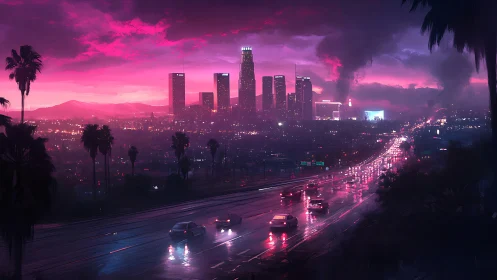 Neon pink skyline dominates rain-soaked futuristic freeway.