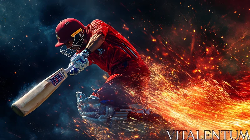 Blazing cricket striker carving sparks through cosmic night.