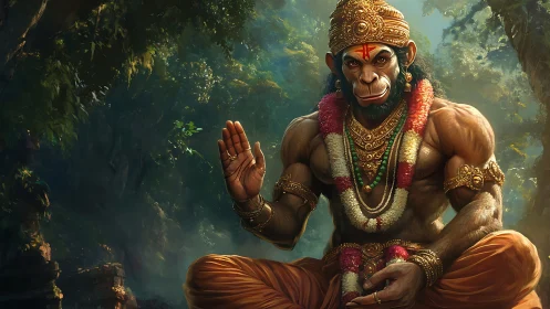 Muscular monkey deity in orange robes raises right hand in blessing