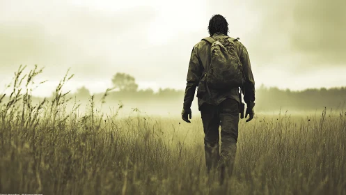Lone wanderer strolling through a misty golden meadow.